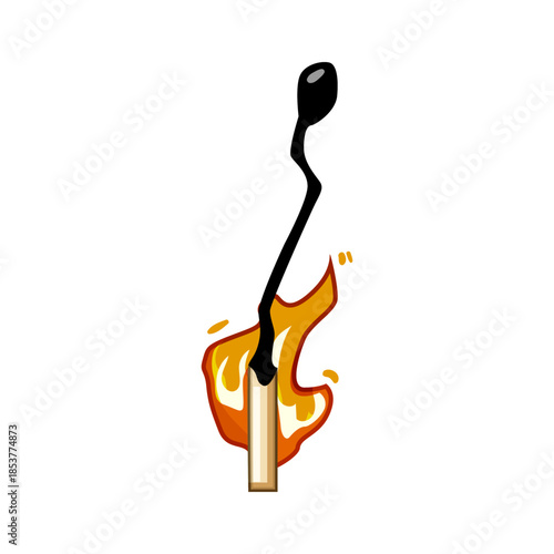 Wooden matchstick burning with intense orange flames, illustrating concepts of ignition, energy, and the fleeting nature of temporary heat and light on a white background