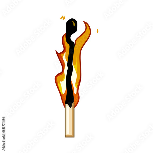 Wooden matchstick burning brightly, igniting a powerful orange flame and producing black smoke, symbolizing danger, start, end, power, and consumption