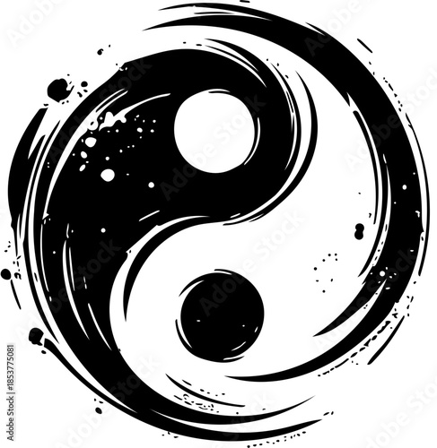 Dynamic black and white Yin Yang symbol with expressive artistic ink splatters and textured brush strokes, embodying concepts of balance, harmony, and the interconnectedness of opposing forces