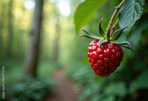 Forest in the background,free space for text on the side, berry in close-up