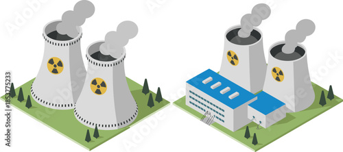 Isometric nuclear power plant illustration, atomic energy facility with cooling towers, electricity generation, industrial energy infrastructure concept