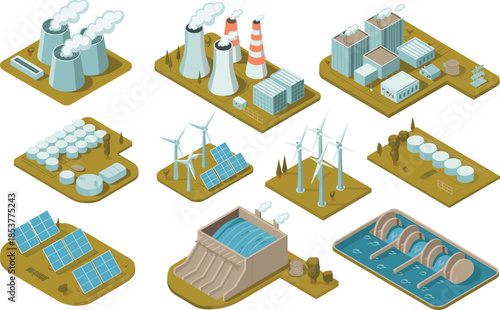 Isometric power generation types illustration, fossil nuclear renewable energy plants, solar wind hydro tidal biomass systems overview