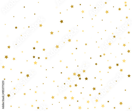 Gold stars background with falling confetti on white. Festive vector illustration for celebration or holiday. Magic sparkle pattern with copy space