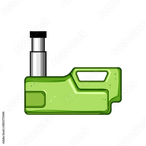 Green hydraulic bottle jack standing on a white background, representing automotive service, vehicle maintenance, and essential garage equipment for safely lifting cars