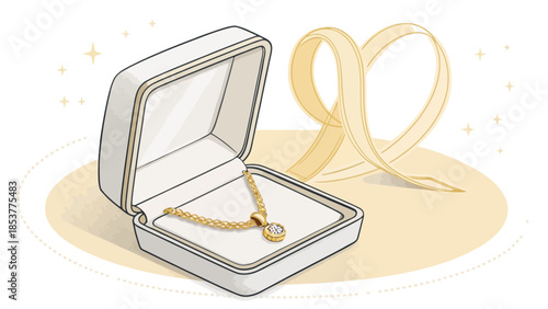 Elegant gold necklace in luxurious jewelry box with ribbon