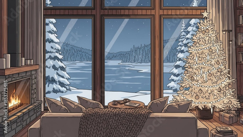 Cozy living room with fireplace and Christmas tree overlooking a snowy winter lake landscape perfect for holiday season greetings and festive home decor