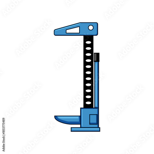 Blue and black high lift car jack illustration showing a heavy duty steel tool for lifting vehicles, off road recovery, farm and garage use, isolated on white background