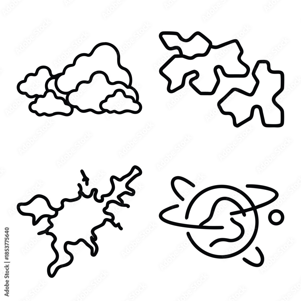 Fototapeta premium Group of Fluffy Clouds, Abstract Organic Fluid Shapes, Ink Splat Patterns, and Orbiting Planet Outline Icons Set