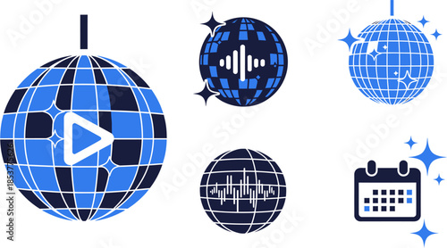 A vibrant collection of vector icons featuring glittering disco balls, music playback, sound wave equalizers, and an event calendar, ideal for party, dance, and celebration designs