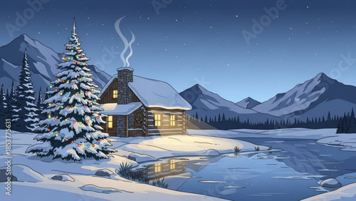 Cozy log cabin in a snowy mountain landscape at night with a Christmas tree and warm light perfect for winter holidays and serene nature scenes