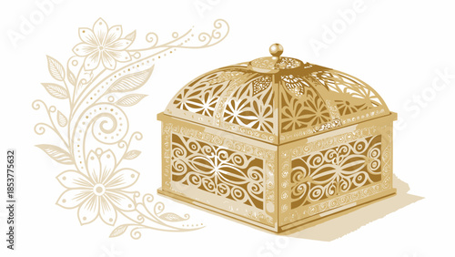 Intricately designed golden treasure chest with floral patterns