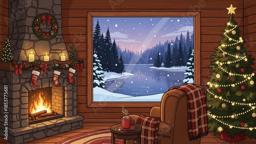 Cozy winter cabin scene with a roaring fireplace decorated Christmas tree and a snowy forest landscape viewed through the window perfect for holiday greetings