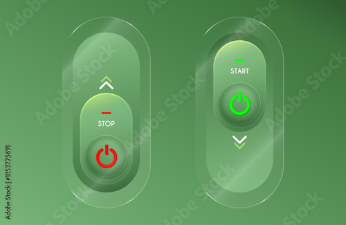 Glass and 3D Buttons Design. VPN Service Concept. Start and Stop Button. Isolated modern vector illustration
