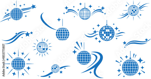 Set of blue disco ball icons and graphics with starbursts and waves, symbolizing celebration and nightlife