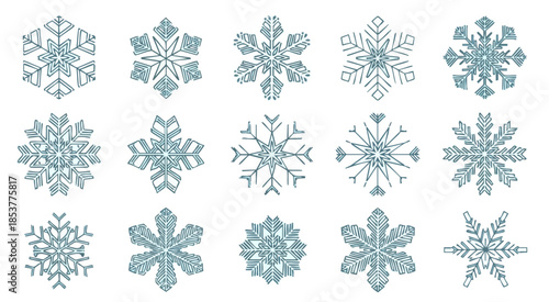 Intricate Snowflakes: A collection of exquisite, detailed snowflakes, each boasting unique symmetrical patterns, against a pristine backdrop, creating a serene and elegant winter aesthetic.