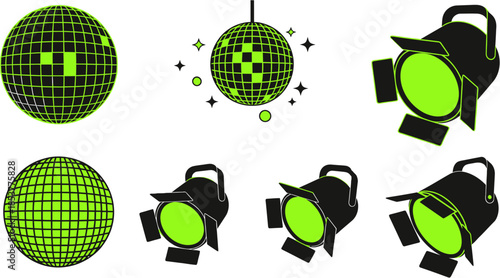 Set of disco balls and stage lights, graphic illustrations for events and nightlife