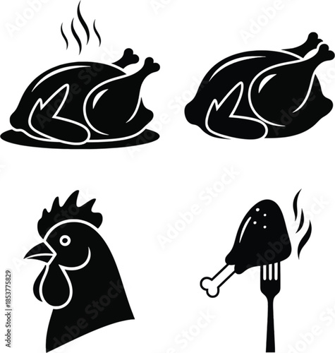 Line art depictions of roasted chicken rooster head and chicken leg