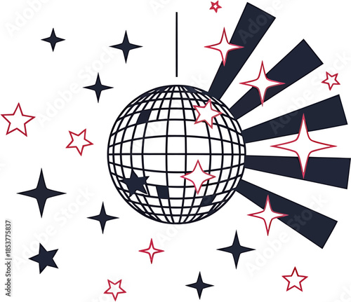 Vibrant graphic featuring a shimmering disco ball with bursting light effects and scattered stars, symbolizing festive occasions and nightlife