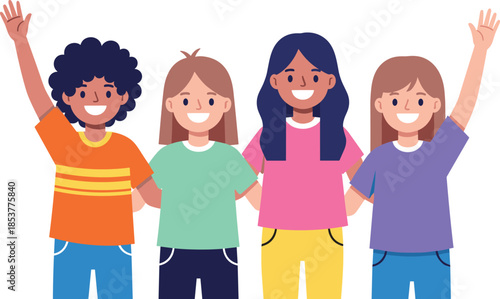 Happy kids standing together waving hands, diverse children friendship illustration in flat style isolated on white background