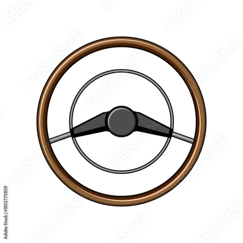 Classic wooden rim steering wheel with metal spokes on white background, vintage automotive icon evoking retro driving, navigation, and classic car interior style