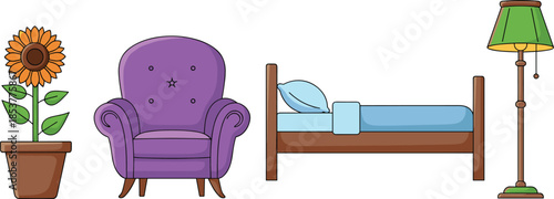 Home interior furniture icon set with armchair bed floor lamp and potted plant, cozy room illustration isolated on white background