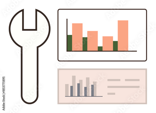 Wrench beside bar chart and data panel, representing business optimization, analytics, problem-solving, and development. Ideal for strategy, efficiency, repair, planning tools stats simple flat