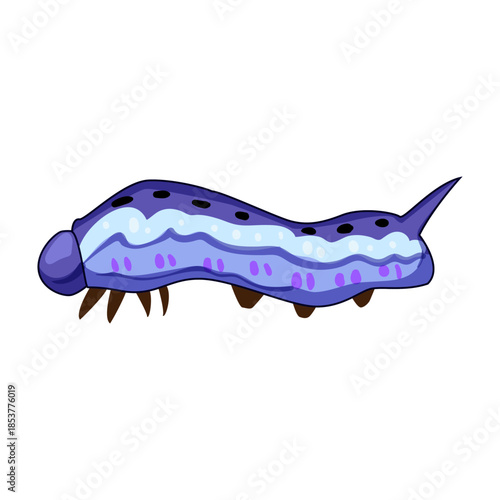 Cartoonish purple and light blue spotted caterpillar larva with a tiny horn and legs crawling in side view, playful educational vector illustration on white background