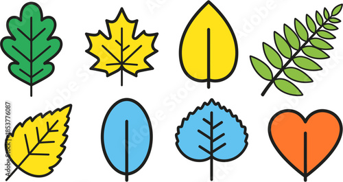 A vibrant concept collection of diverse tree leaves showcasing various shapes and colors, perfect for nature-themed designs, seasonal motifs, and eco-friendly illustrations