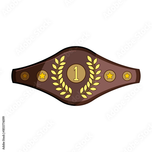 Championship belt with laurel wreath, gold number one and stars on a brown strap symbolizing victory, first place, achievement and prestige in competition