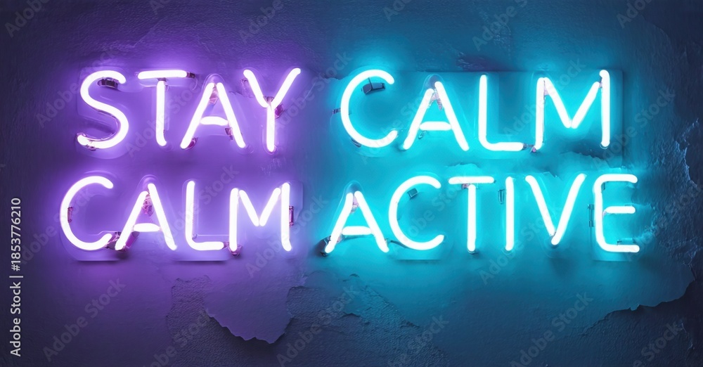 Obraz premium Neon sign displays message Stay Calm Calm Active. Blue, purple hues create vibrant background. Simple, motivational text design.