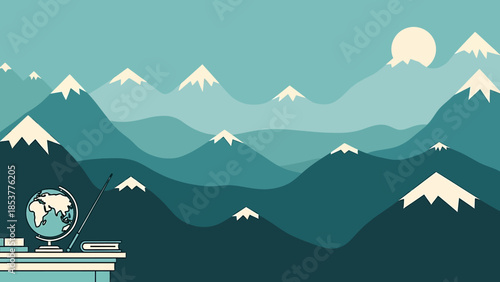 Serene layered mountain landscape with a rising sun, offering a peaceful backdrop to a desk adorned with a globe and books, symbolizing exploration, knowledge, and the journey of discovery