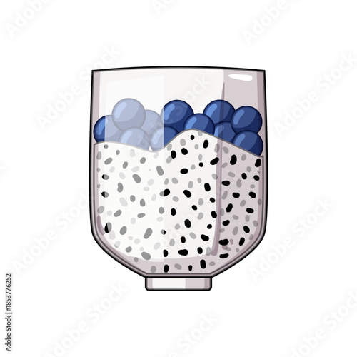 Chia seed pudding layered with fresh blueberries in a clear glass jar, healthy breakfast or snack option highlighting plant based, gluten free, nutrient dense superfood parfait appeal