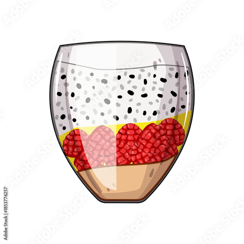 Vibrant illustration presenting a layered chia seed pudding dessert in a glass, with raspberries and white creamy topping, symbolizing healthy eating and a nutritious diet