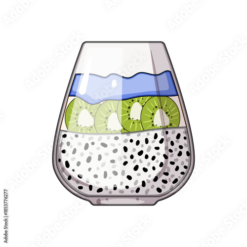 Chia seed pudding layered with sliced kiwi fruit and a blue liquid, representing a healthy, nutritious, and refreshing vegan or vegetarian breakfast or snack option