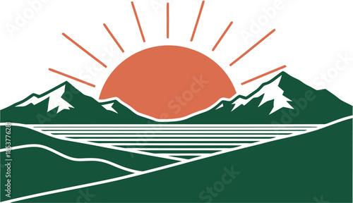 Graphic illustration of a majestic mountain range with a radiant sun rising above a calm lake, symbolizing natural beauty, peace, and fresh beginnings