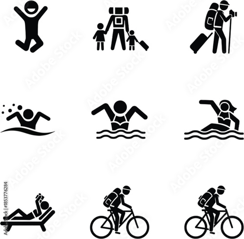 Line art illustrations depicting various athletic and recreational activities