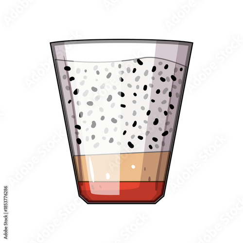 Chia seed pudding layered in a glass illustration showing organic ingredients, fresh fruit and yogurt alternative for a healthy, plant based breakfast or snack concept
