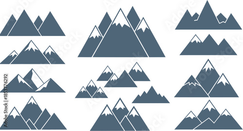 Versatile vector set of stylized mountain icons, featuring diverse snowy peaks and natural contours, ideal for travel, adventure, and outdoor graphic design elements and branding projects