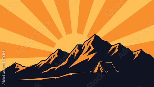 Vibrant illustration of a breathtaking mountain landscape at sunrise, featuring a serene campsite and radiant sunbeams, symbolizing adventure and tranquility