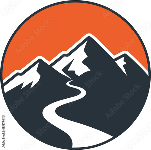 Mountain landscape with a winding road leading towards snow-capped peaks under an orange sky, symbolizing journey and adventure