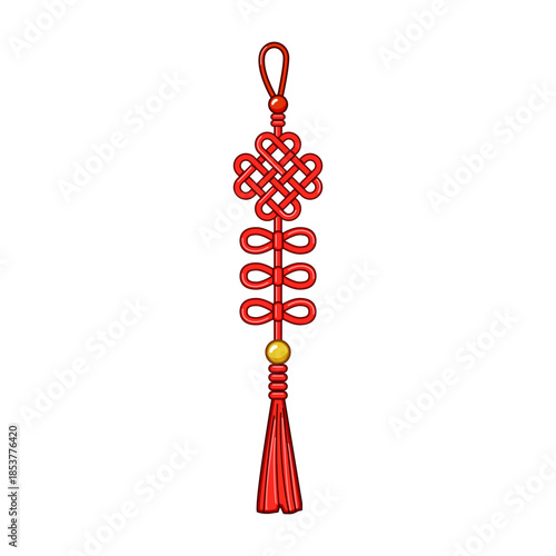 Red chinese knot charm featuring a decorative tassel and a golden bead, representing good fortune, happiness, and traditional asian cultural celebrations like lunar new year