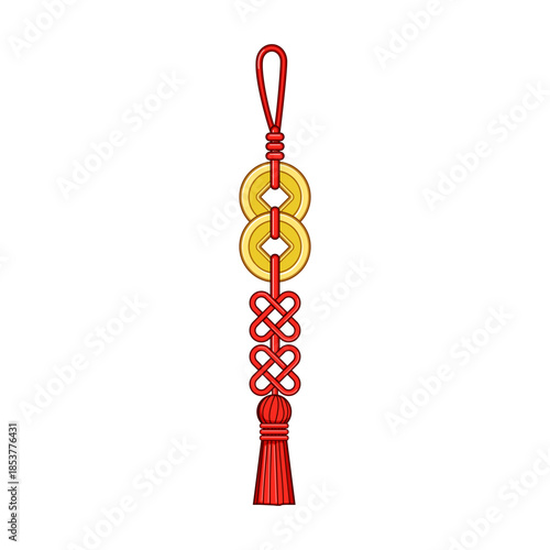 Traditional chinese lucky knot with two ancient gold coins and red tassel, symbolizing good fortune, wealth and prosperity for celebrations like chinese new year, isolated on white