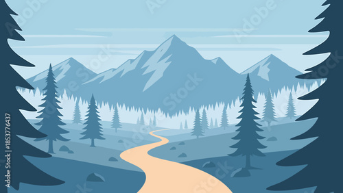 Serene Mountain Landscape with Winding Path Through Pine Trees