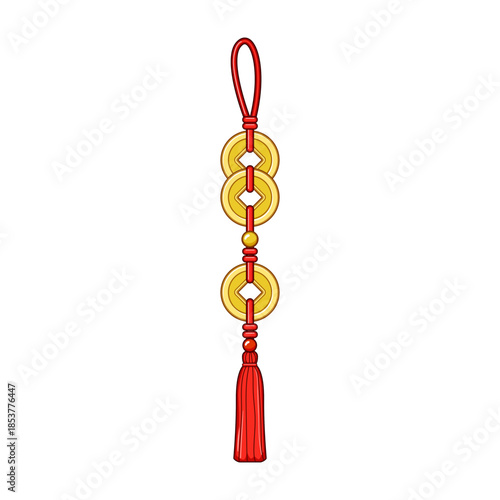 Chinese lucky knot charm featuring three traditional gold coins and a red tassel, symbolizing good fortune, wealth, and prosperity in asian culture and feng shui practices