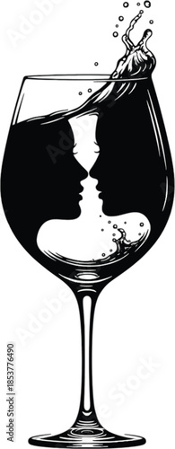 A delicate wine glass silhouette containing a fish illustration in white