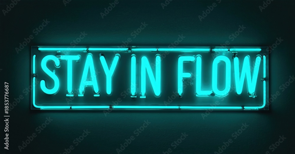 Fototapeta premium Bright neon sign displays text Stay In Flow. Dark background emphasizes glowing turquoise illumination. Minimalist design, modern aesthetic.