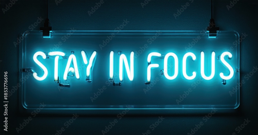 Fototapeta premium Bright neon sign displays motivational phrase. Blue light emanates from lettering, suspended against dark backdrop. Simple, direct message.