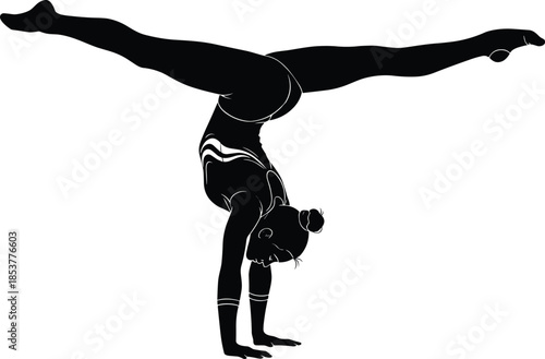Female gymnast handstand silhouette illustration, performing acrobatic balance pose, athletic strength and flexibility concept, isolated on white background