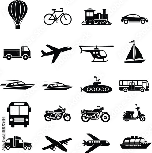 Various transportation modes illustrated with simple line icons on a black background