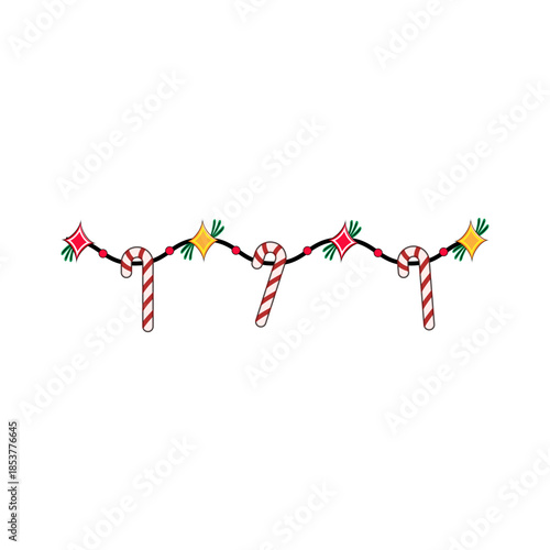 Christmas garland design presenting candy canes, sparkling stars, and small red beads on a string, creating a festive border for holiday themed projects